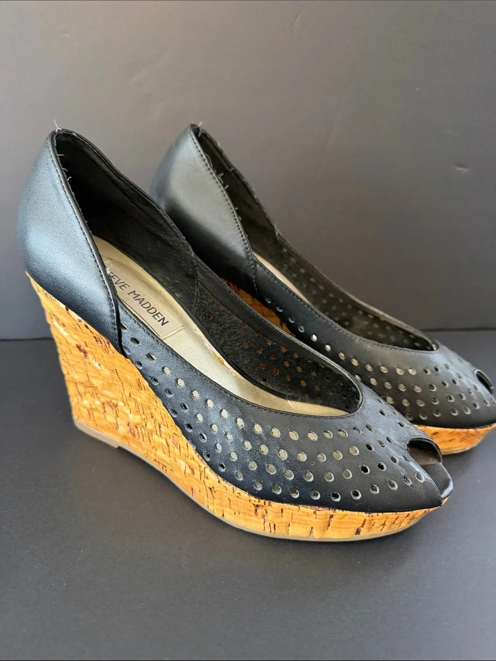 Steve Madden Black Perforated Peep-Toe Cork Wedges